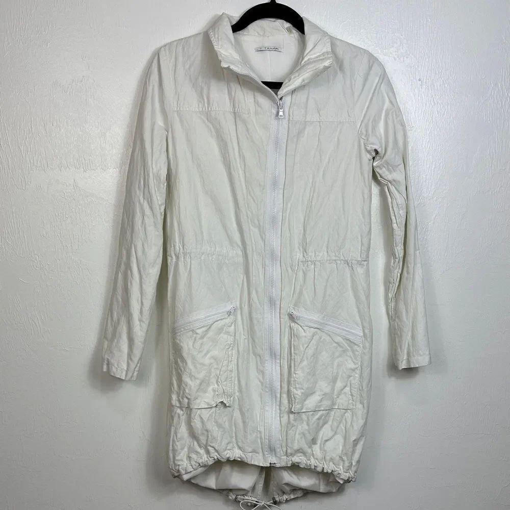 T Tahari Women's White Cotton Blend Full Zip Utility Jacket Size S